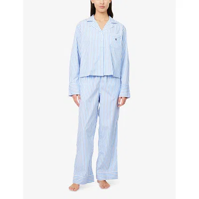 Polo Ralph Lauren Womens White Cloud X Hydrangea Stripe Long-sleeve Cotton Pyjama Set Xl