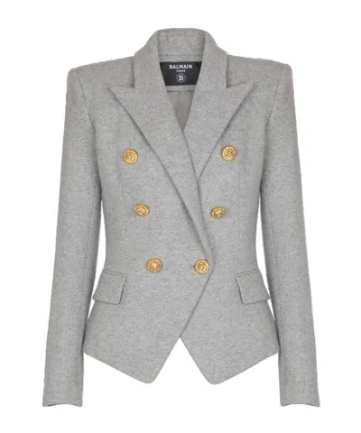 Balmain Wool-blend Jersey Double-breasted Blazer In Gray