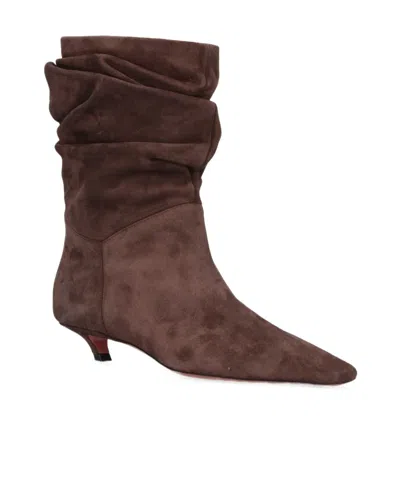 Amina Muaddi Pointed Toe Kitten Heel Slouchy Suede Boots In Brown