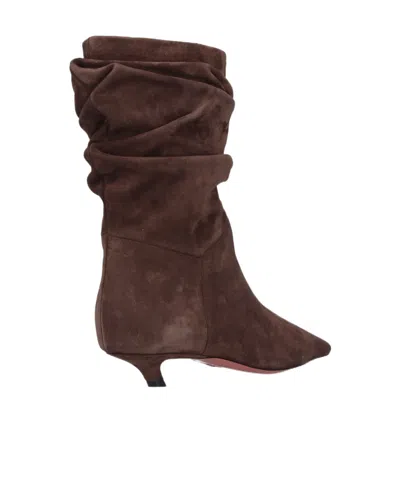 Amina Muaddi Pointed Toe Kitten Heel Slouchy Suede Boots In Brown