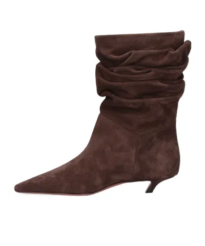 Amina Muaddi Pointed Toe Kitten Heel Slouchy Suede Boots In Brown