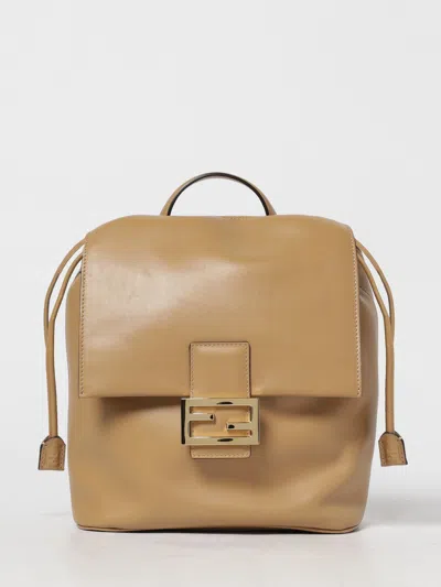 Fendi Ff Clasp Leather Backpack Medium Size In Brown
