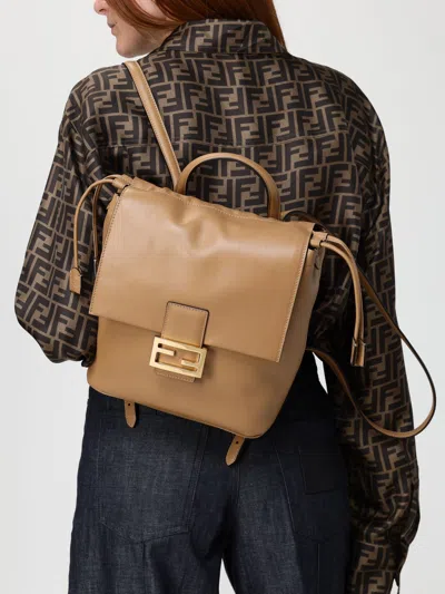 Fendi Ff Clasp Leather Backpack Medium Size In Brown