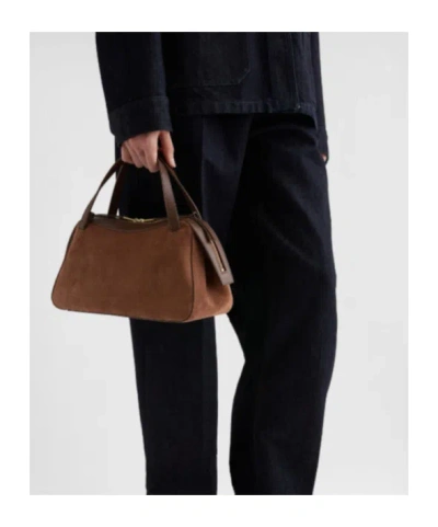 Jil Sander Rectangular Suede Shoulder Bag Double Handles Trim In Brown
