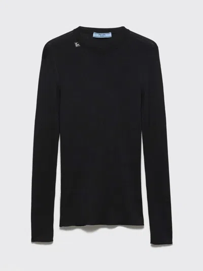 Prada Textured Wool Crewneck Sweater With Long Sleeves In Black
