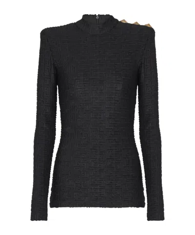 Balmain Ls Bouclette Monogram-pattern Button Top In Black