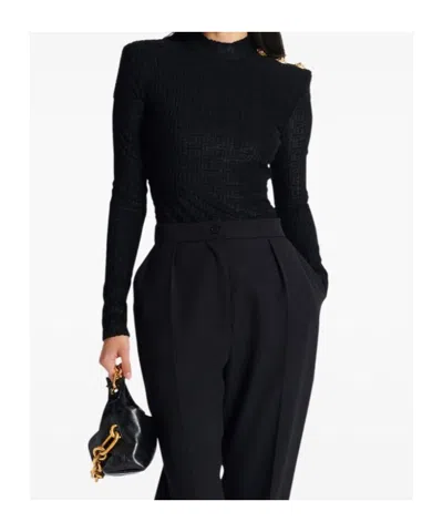 Balmain Ls Bouclette Monogram-pattern Button Top In Black