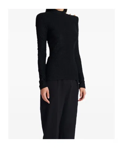 Balmain Ls Bouclette Monogram-pattern Button Top In Black