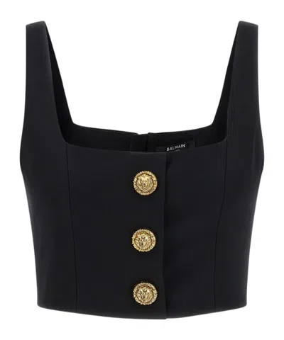 Balmain Cropped Sleeveless Top Gold Button Detail In Black