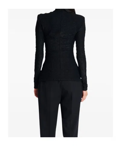 Balmain Ls Bouclette Monogram-pattern Button Top In Black
