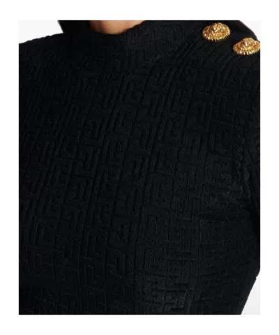 Balmain Ls Bouclette Monogram-pattern Button Top In Black
