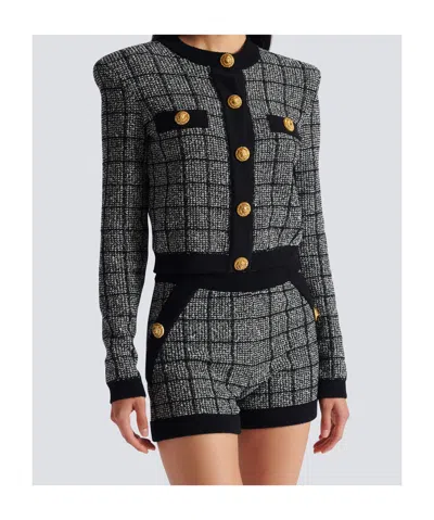 Balmain Cropped Tweed Check Cardigan Gold Buttons In Black