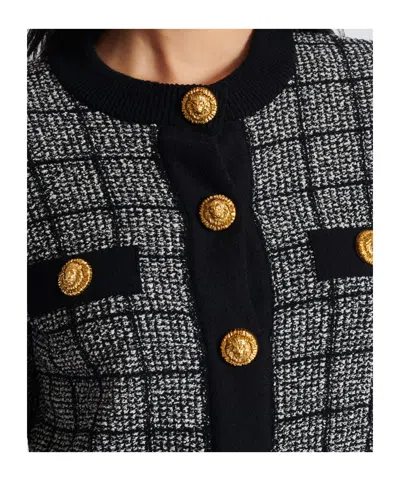 Balmain Cropped Tweed Check Cardigan Gold Buttons In Black