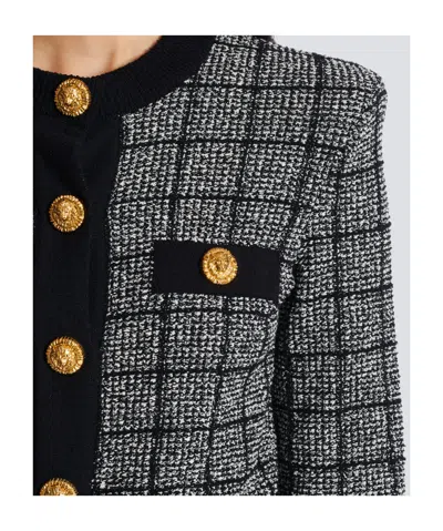 Balmain Cropped Tweed Check Cardigan Gold Buttons In Black