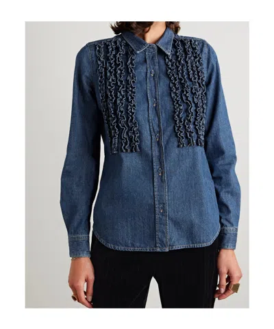 Nili Lotan Lexa Ruffled Denim Shirt In Blue