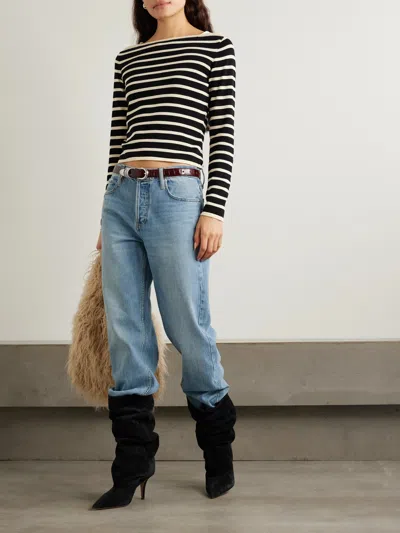 Frame Women's Boat Neck Striped Long Sleeve Sweater In Black In Black