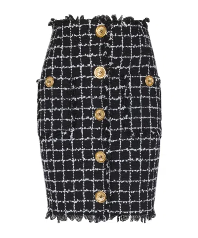 Balmain Tweed Midi Skirt High Waist Buttons In Black