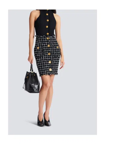 Balmain Tweed Midi Skirt High Waist Buttons In Black