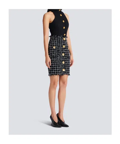 Balmain Tweed Midi Skirt High Waist Buttons In Black