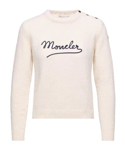 Moncler Embroidered Logo Crop Crewneck Sweater In Neutral