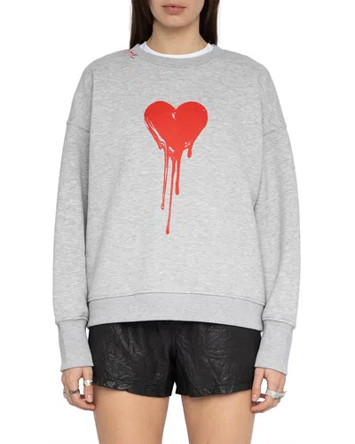Zadig & Voltaire Womens Gris Chine Clai Oscar Heart-print Long-sleeve Cotton-jersey Sweatshirt In Gray
