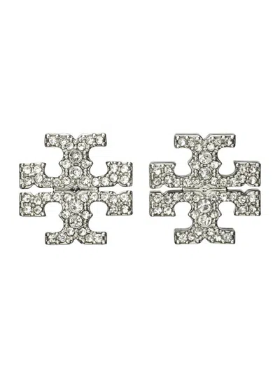 Tory Burch Kira Metallic Earings With Double T Motif And Crystal Embellishments In Silver Plated Brass Woman