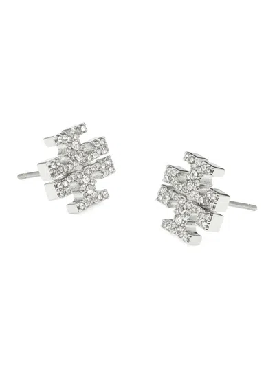 Tory Burch Kira Metallic Earings With Double T Motif And Crystal Embellishments In Silver Plated Brass Woman