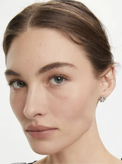 Tory Burch Kira Metallic Earings With Double T Motif And Crystal Embellishments In Silver Plated Brass Woman
