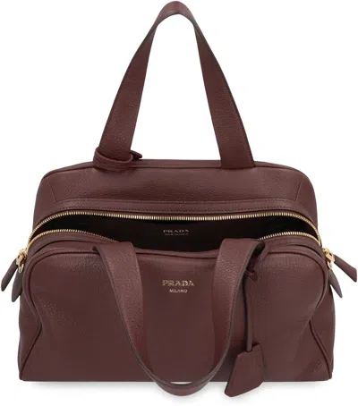 Prada Large Leather Satchel Bag In Brown
