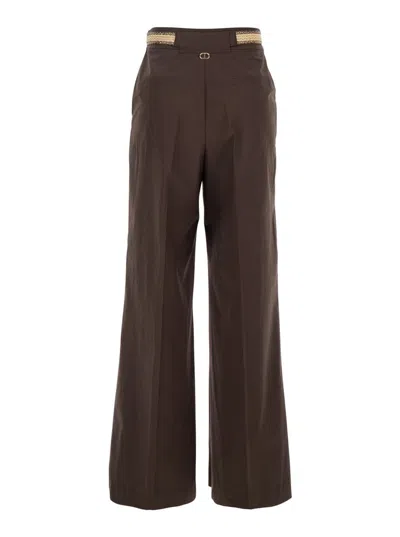 Twinset Brown Pants With Waist Belt And Metallic Logo Plaque In Cotton Poplin Woman In Brown