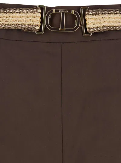 Twinset Brown Pants With Waist Belt And Metallic Logo Plaque In Cotton Poplin Woman In Brown