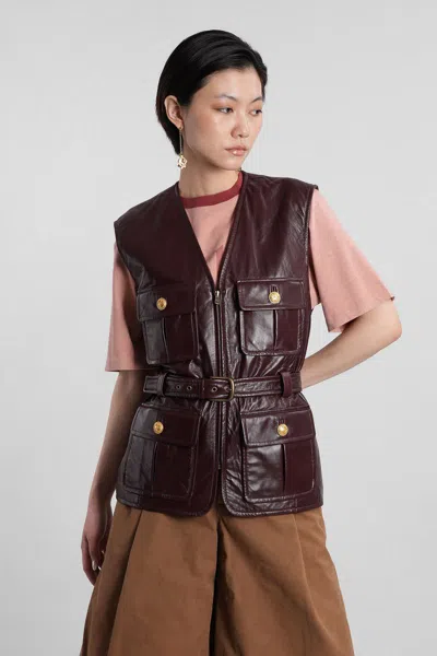 Chloé Leather Belted Waist Sleeveless Jacket In Burgundy