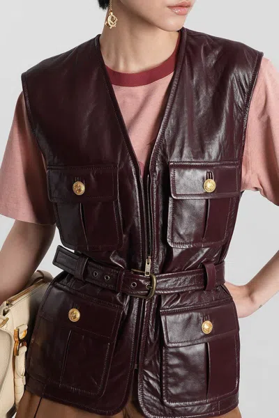 Chloé Leather Belted Waist Sleeveless Jacket In Burgundy