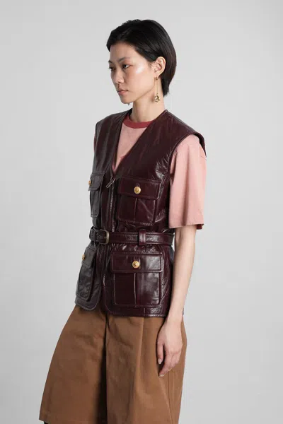 Chloé Leather Belted Waist Sleeveless Jacket In Burgundy