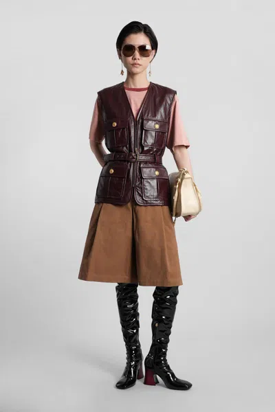 Chloé Leather Belted Waist Sleeveless Jacket In Burgundy