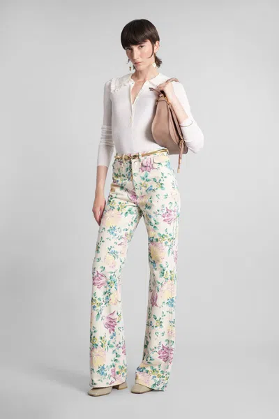 Chloé Women Flare Denim Jeans With All-over Flowers Print In Multi