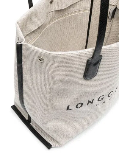 Longchamp Roseau Beige Tote Bag With Logo Print In Cotton Canvas Woman In White