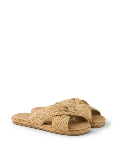 Prada Raffia Slides In Brown