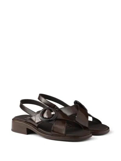 Prada Brushed Leather Crisscross Band Sandals With Plexiglas Buckle Shoes In Multi