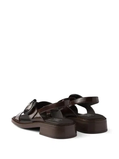 Prada Brushed Leather Crisscross Band Sandals With Plexiglas Buckle Shoes In Multi
