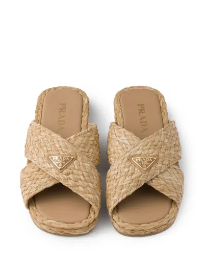 Prada Raffia Slides In Brown