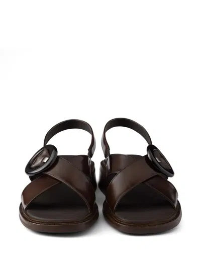 Prada Brushed Leather Crisscross Band Sandals With Plexiglas Buckle Shoes In Multi
