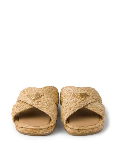 Prada Raffia Slides In Brown