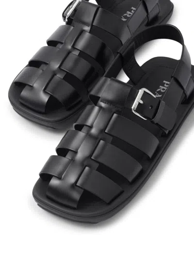 Prada Interwoven Straps Leather Sandals In Black