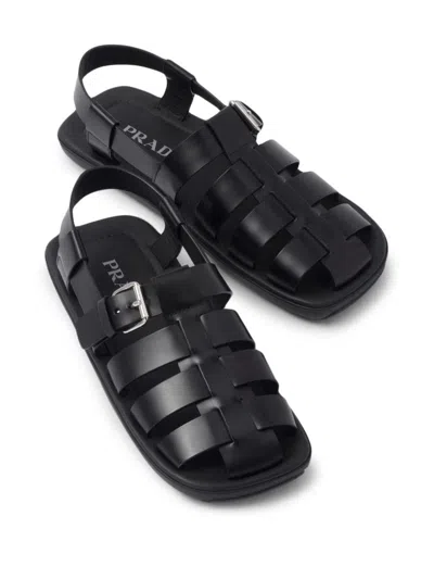 Prada Interwoven Straps Leather Sandals In Black