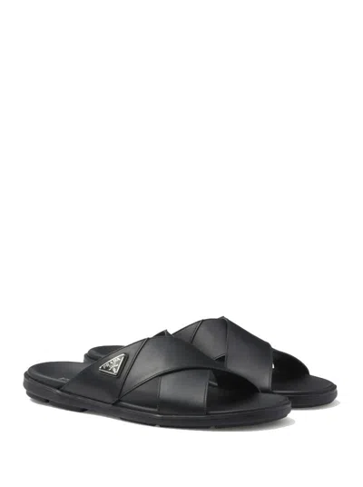 Prada Triangle Logo Criss-cross Sandals In Black