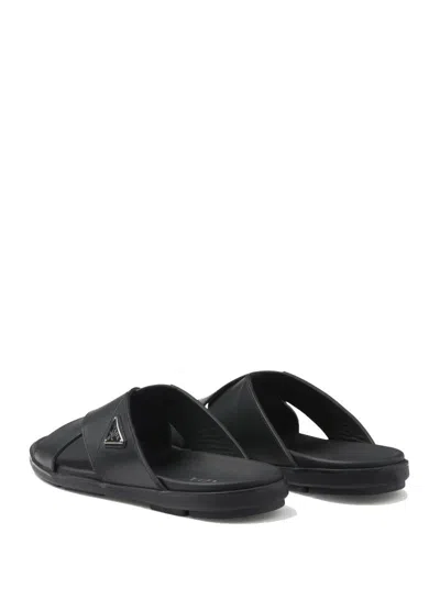 Prada Triangle Logo Criss-cross Sandals In Black