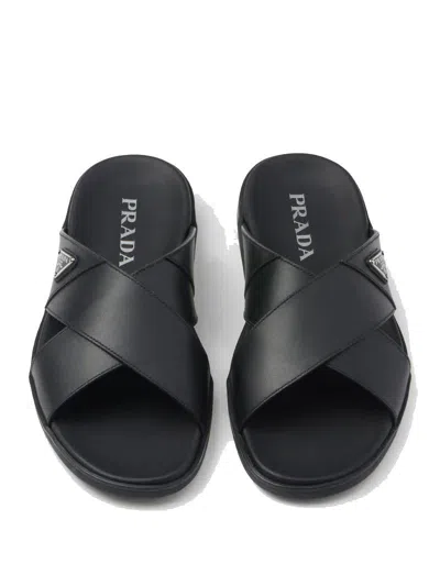 Prada Triangle Logo Criss-cross Sandals In Black