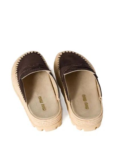 Miu Miu Suede And Raffia Flatform Mules In Brown