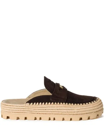 Miu Miu Suede And Raffia Flatform Mules In Brown